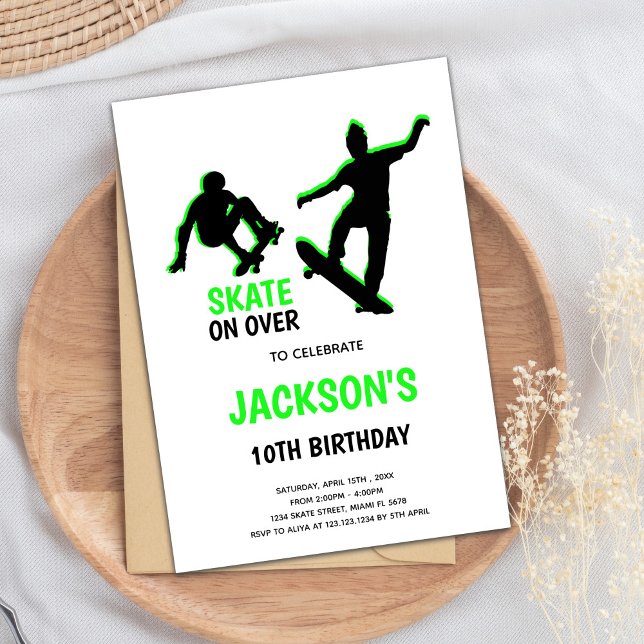 Editable Boys Skater Party Invite (Green Skateboards Invitations)
