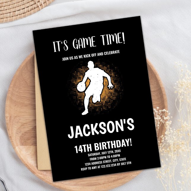 Editable Boys Sports Party Card with Black Back (Basketballs Invitations)