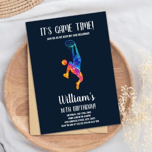 Editable Boys Sports Party Card with Rainbow Ball 