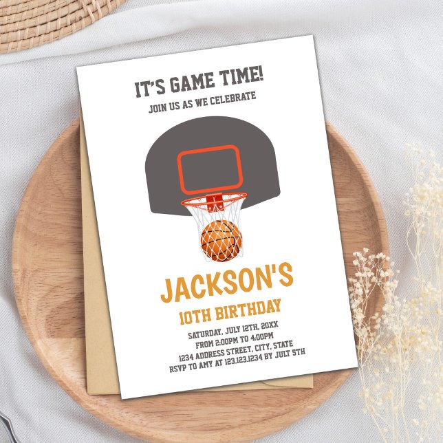 Editable Boys Sports Party Invite (Basket Orange Ball Basketball Invitations)