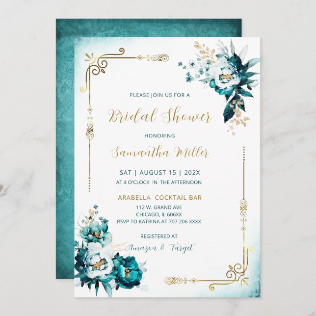 Editable Bridal Shower Teal and Gold Invitation (Front/Back)
