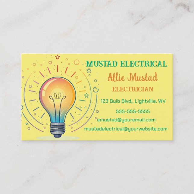 Editable Bright Lightbulb Electrician Business Card (Front)