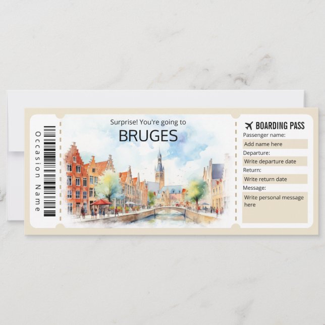 Editable Bruges Plane ticket, Belgium Trip Invitation (Front)