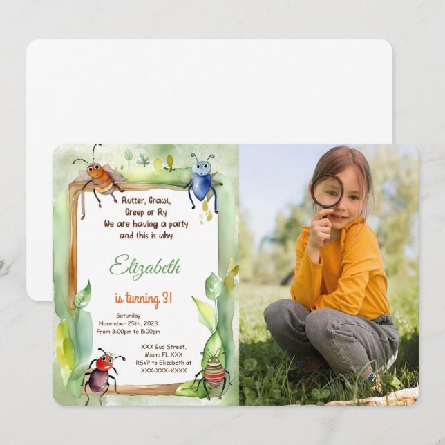 Editable Bug Birthday Party Invitation (Front/Back)