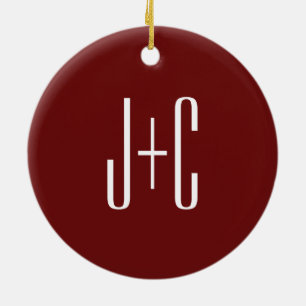 Editable Burgundy Red Background & White Text  Ceramic Tree Decoration
