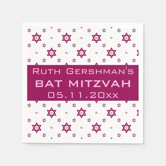 Editable Burgundy Star of David Bat Mitzvah Napkin (Front)