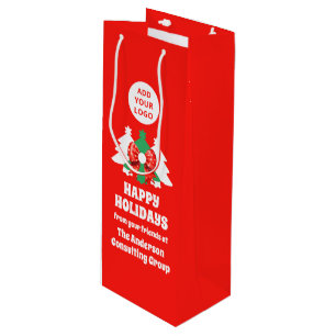 Editable Business Logo Happy Holidays Corporate Wine Gift Bag