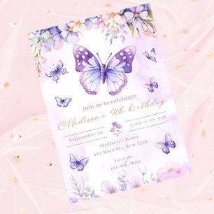 Editable butterfly birthday invitation purple