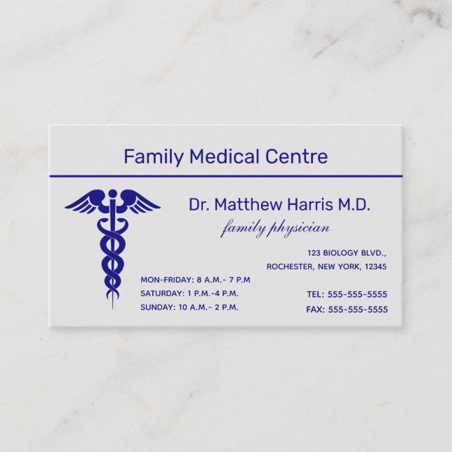Editable Caduceus Medical Professional  Business  Business Card (Front)
