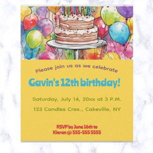 Editable Cake and Balloons Birthday Invitation