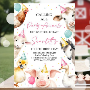 Editable Calling All Party Animals Farm Girl Birth Invitation