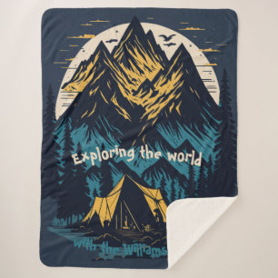 Editable camping forest mountain lake sherpa blanket