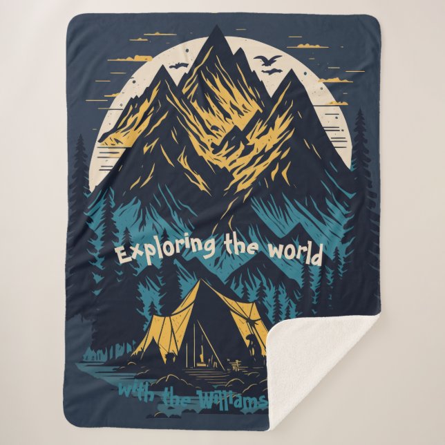 Editable camping forest mountain lake sherpa blanket (Front)