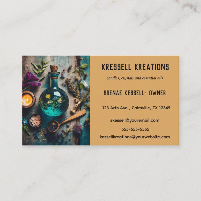Editable Candles Crystals and Essential Oils Business Card (Front)