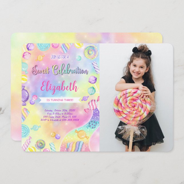 Editable Candy Birthday Photo Invitation  (Front/Back)