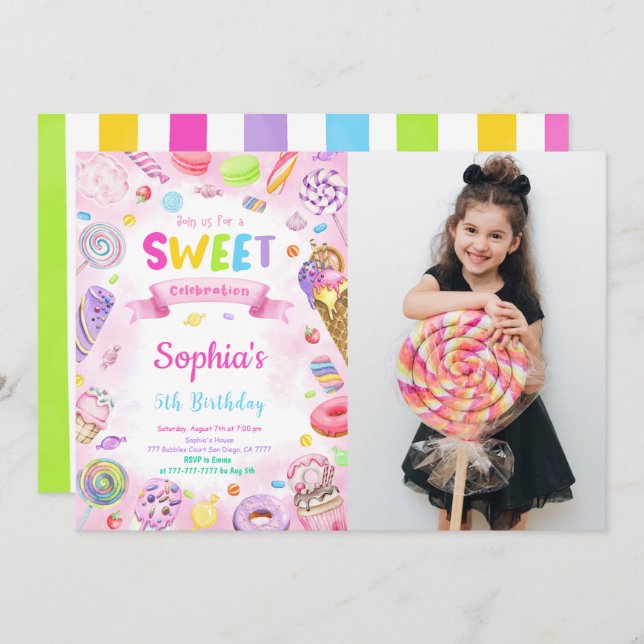 Editable Candy Birthday Photo Invitation (Front/Back)