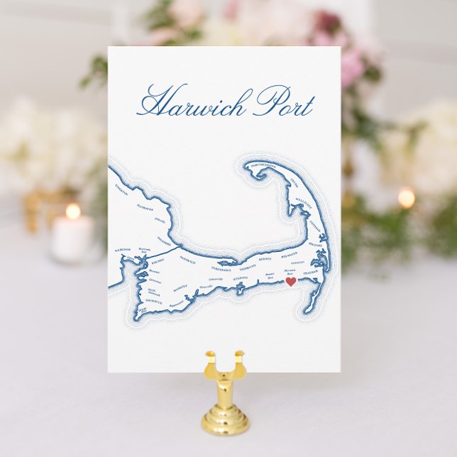 Editable Cape Cod Wedding Table Name Cards (Cape Cod Wedding Table Town Name cards with editable places and elegant navy blue Harwich Port map)