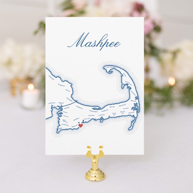Editable Cape Cod Wedding Table Town Cards Mashpee (Mashpee Cape Cod Wedding Table Town Name Cards fully editable with elegant navy blue map )