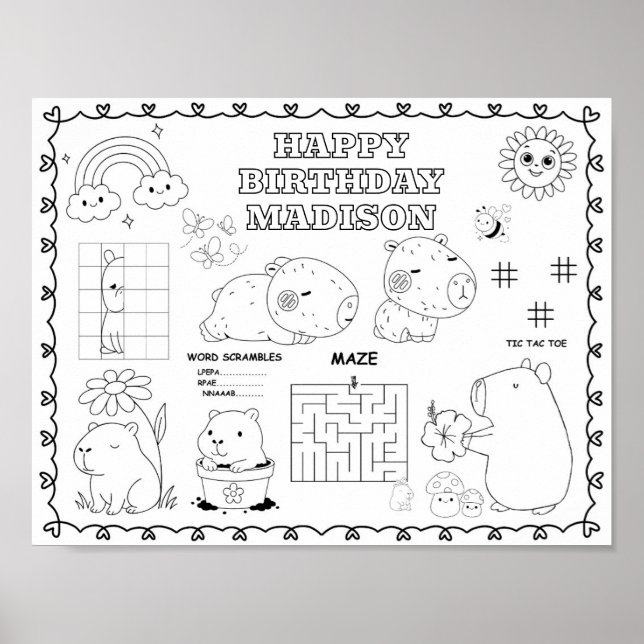 Editable capybara birthday colouring mat  poster (Front)