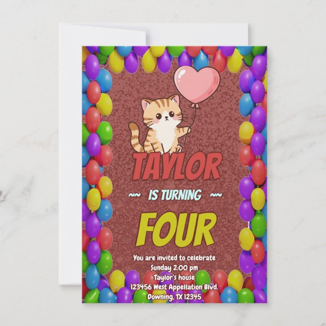 Editable Cat-Themed Birthday Invitation Balloon (Front)
