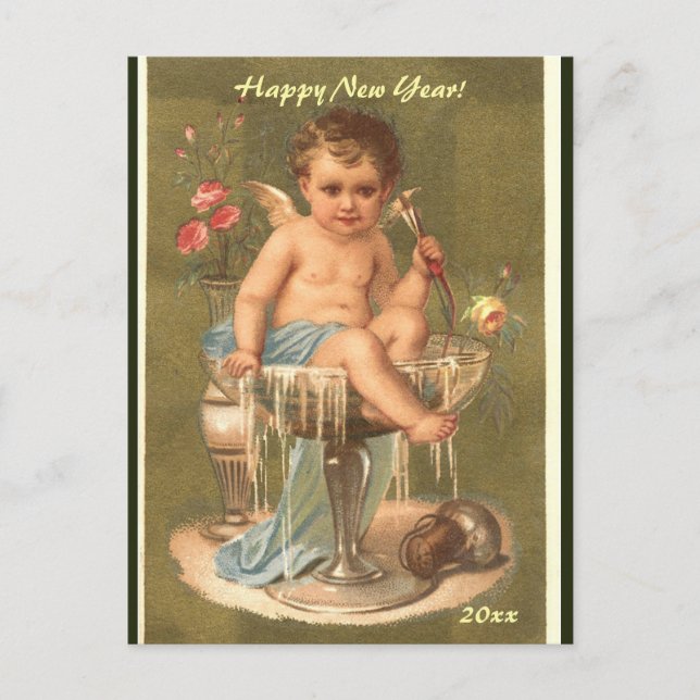 Editable Champagne Cherub Happy New Year Postcard (Front)