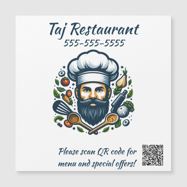 Editable Chef Restaurant QR Code Magnet (Front)