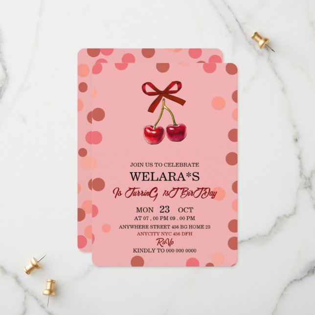 Editable Cherry 1st Birthday Birthday Invitation T (Front/Back In Situ)