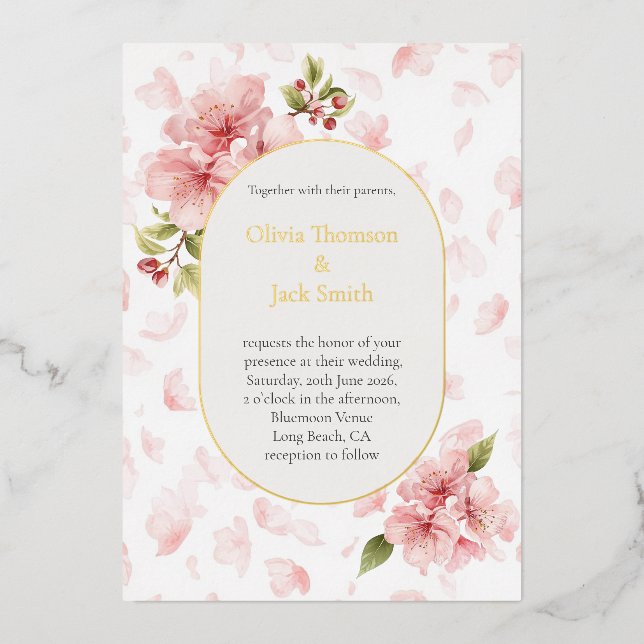Editable Cherry Blossom Foil Wedding Invitation  (Front)