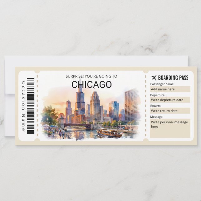 Editable Chicago Trip Boarding Pass Ticket Invitation (Front)