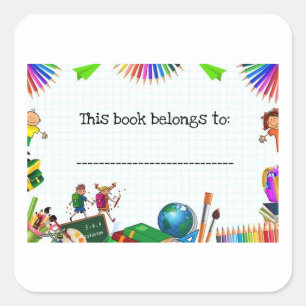 Editable Children and School Supplies Bookplate Square Sticker