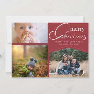 Editable Christmas red 3 Photographs Holiday Card