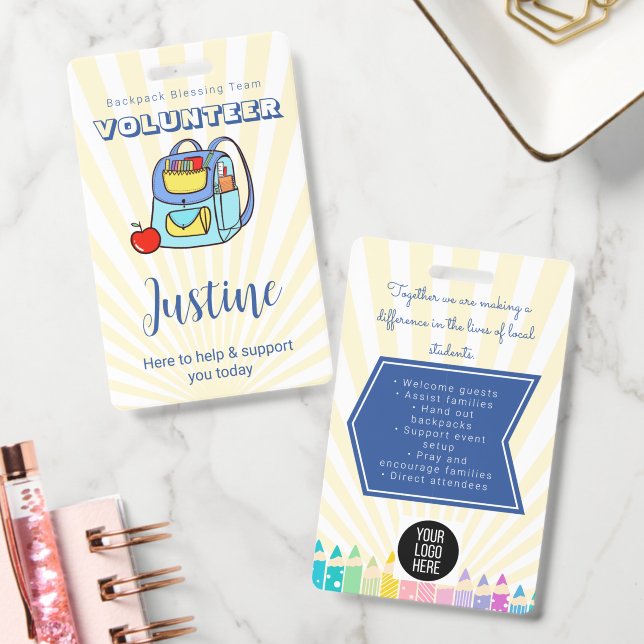 Editable Church Backpack Blessing Volunteer  ID Badge (Office)