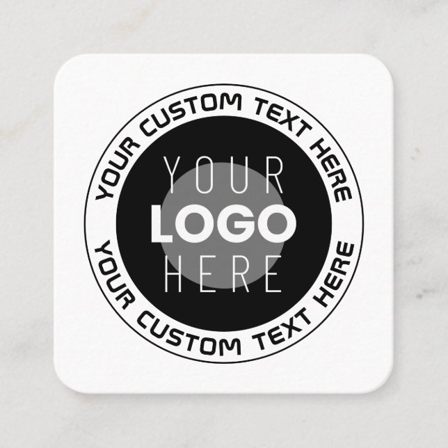 Editable Circular Text & Replaceable Logo | B&W Square Business Card (Front)