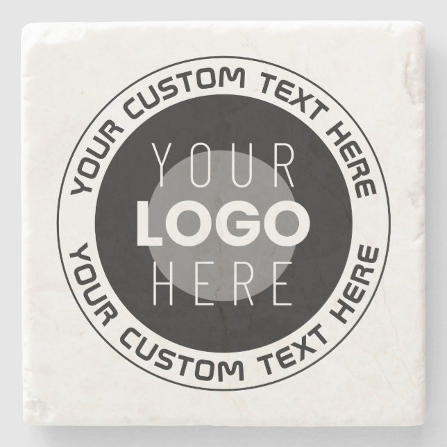 Editable Circular Text & Replaceable Logo | B&W Stone Coaster (Front)