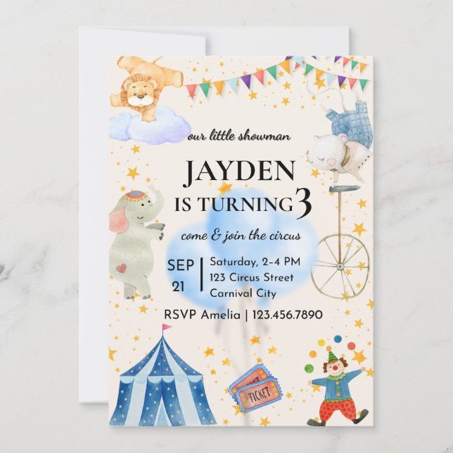 Editable Circus Birthday Invitation for Boys&Girls (Front)