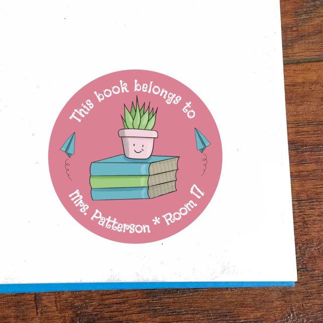 Editable Classroom Library Doodle Pink Sticker (Custom classroom library pink round sticker .)