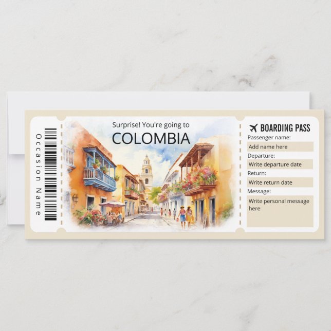 Editable Colombia Plane ticket, Colombia Trip Invitation (Front)