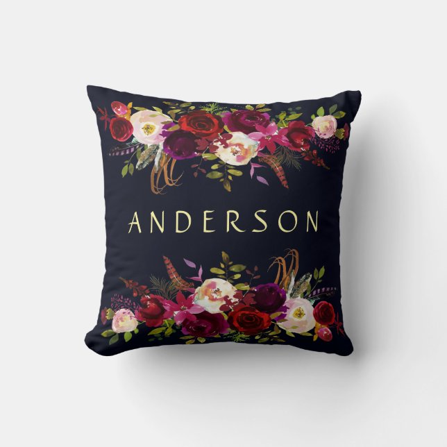 EDITABLE COLOR Navy Burgundy Rustic Boho Floral Cushion (Front)