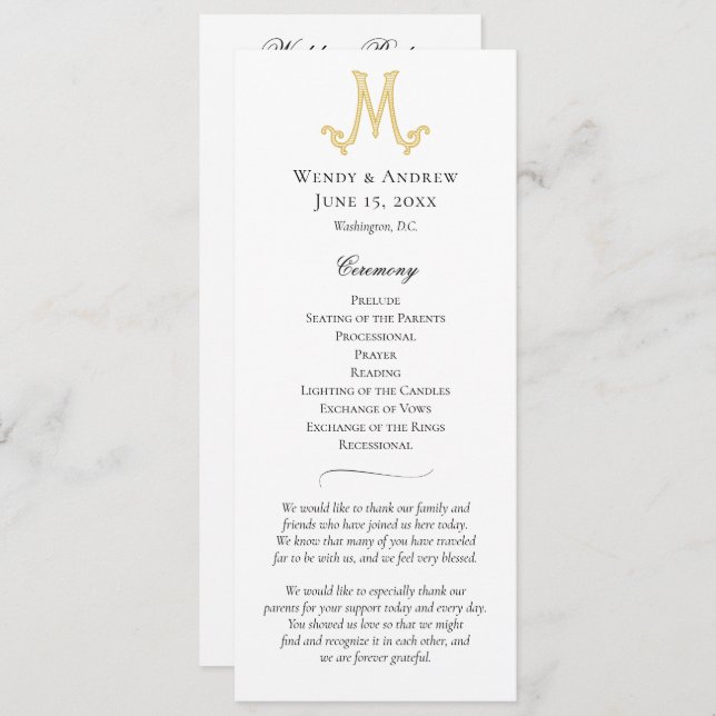 EDITABLE COLORS M Monogram Wedding Program Programme (Front/Back)