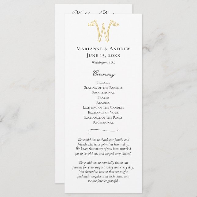 EDITABLE COLORS W Monogram Wedding Program Programme (Front/Back)