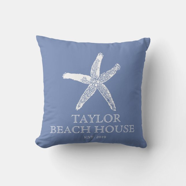 Editable Colour Blue Starfish Beach House Pillow (Front)