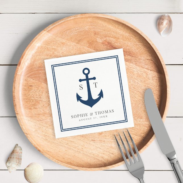 Editable Colour Border Monogram Anchor Wedding Napkin (Creator Uploaded)