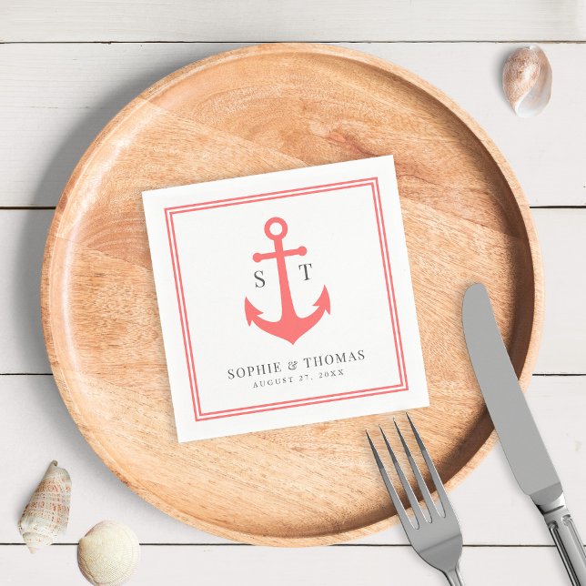Editable Colour Border Monogram Anchor Wedding Napkin (Creator Uploaded)