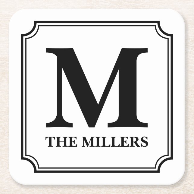 Editable Colour Family Name / Bar / Diner Monogram Square Paper Coaster (Front)