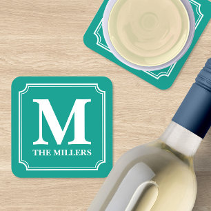 Editable Colour Family Name Bar Pub Diner Monogram Coaster