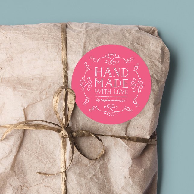 Editable Colour Flourishes Hand Made With Love Classic Round Sticker (Creator Uploaded)