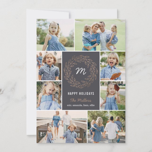 Editable Colour Holiday Wreath Collage Photo Card (Front)