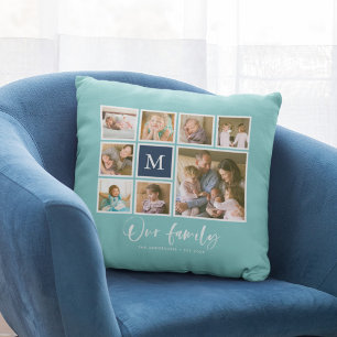 Editable Colour Monogram Our Family Photo Collage Cushion