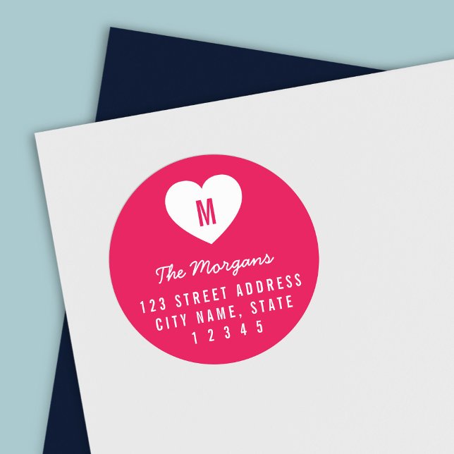 Editable Colour Monogram White Heart Family Addres Classic Round Sticker (Creator Uploaded)