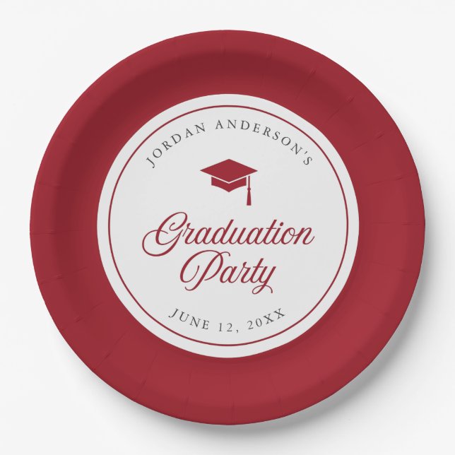Editable Colour Mortarboard Script Graduation Part Paper Plate (Front)